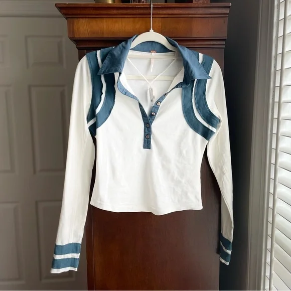 Free People White and Teal Long Sleeve Top - Picture 5 of 10
